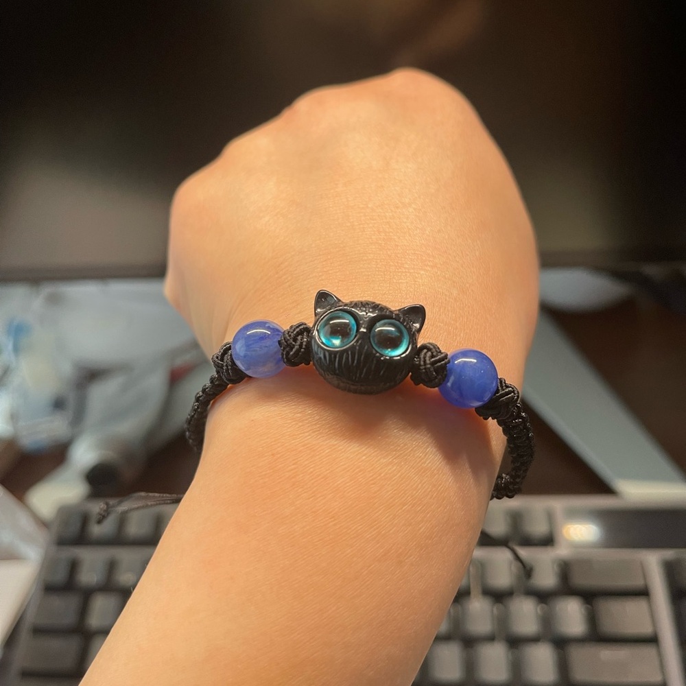 Black Cat Bracelet with Blue Beads